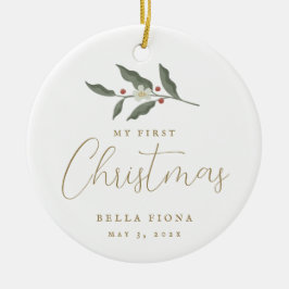 Floral Berry Branch Mein erstes Weihnachtsfest-Fot Keramik Ornament