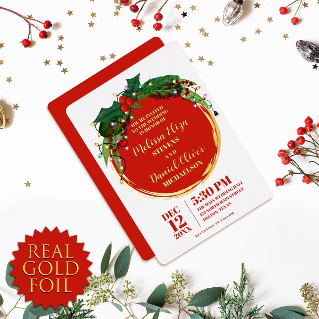 Floral Berry Wreath Weihnachtsbeleuchtung Hochzeit Folieneinladung (Von Creator hochgeladen)