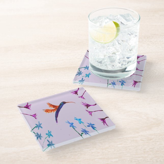 Floral Bird Art Hummingbird Glasuntersetzer (Schrägansicht)