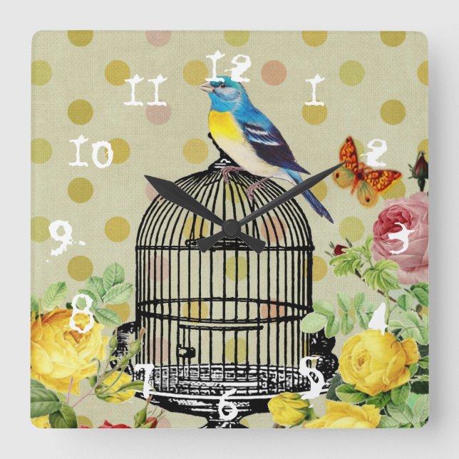 Floral Bird Cage Ephemera Granny Chic Quadratische Wanduhr (Vorderseite)