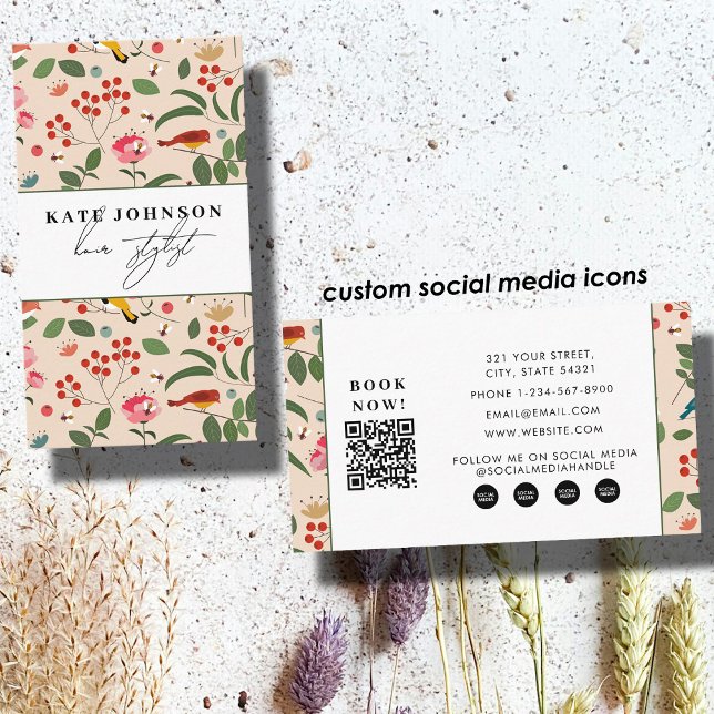 Floral Birds Bees Salon Hair Stylist Makeup  Visitenkarte (Floral Birds Bees Salon Hair Stylist Makeup Business Card)