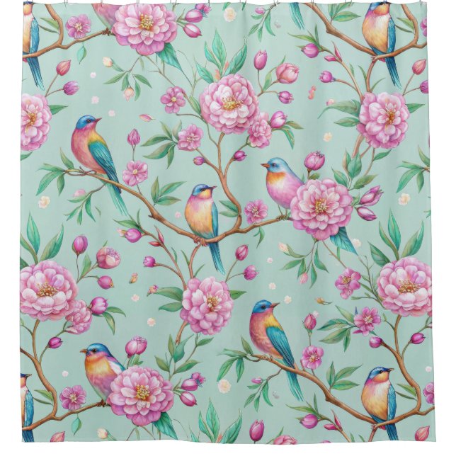 Floral Birds Pattern on Mint Background (1) Duschvorhang (Vorderseite)