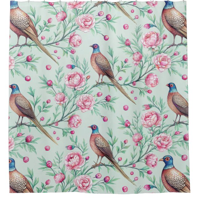 Floral Birds Pattern on Mint Background (2) Duschvorhang (Vorderseite)