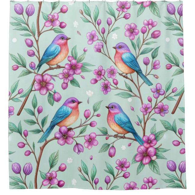 Floral Birds Pattern on Mint Background (3) Duschvorhang (Vorderseite)