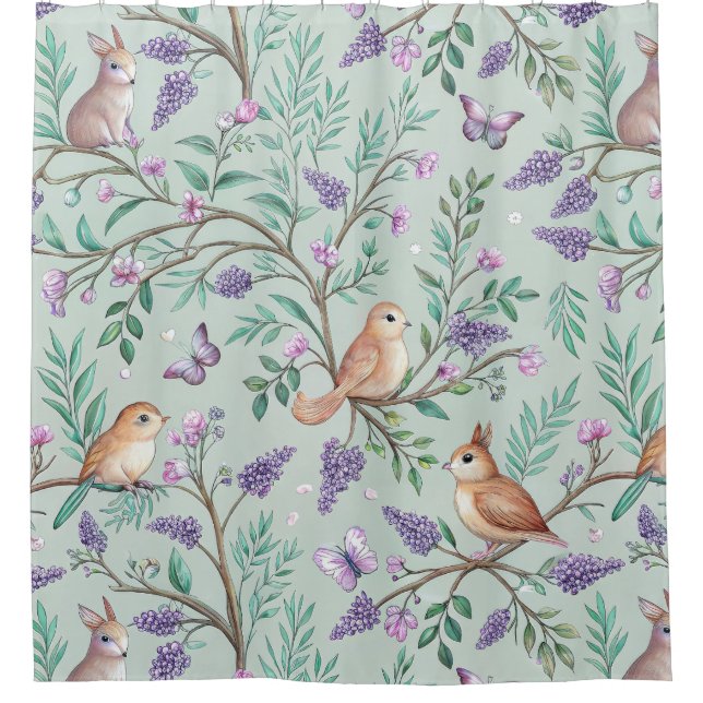 Floral Birds Pattern on Mint Background (9) Duschvorhang (Vorderseite)