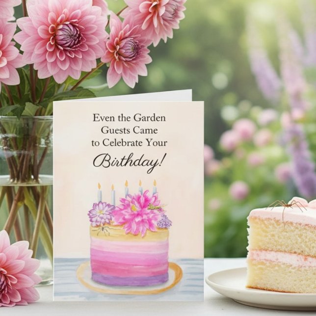 Floral Birthday Cake with Dahlia and Garden Insect Karte (Von Creator hochgeladen)