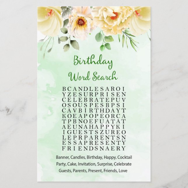 Floral Birthday Word Search Game (Vorderseite)