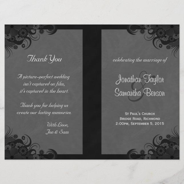 Floral Black and Gray Goth Folded Weddings Program (Vorderseite)
