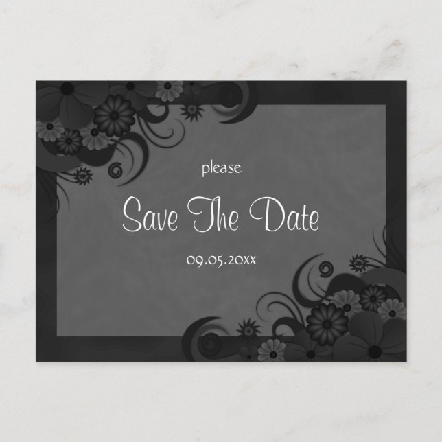 Floral Black and Gray Goth Save the Date Postkarte (Vorderseite)