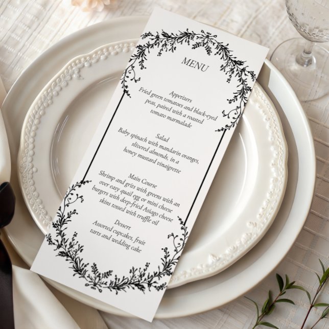 Floral Black and White Line Art Wedding | Menu Menükarte (Von Creator hochgeladen)