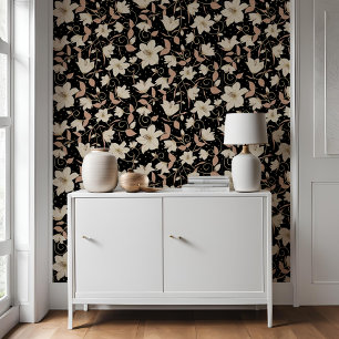 Floral Black Beige Lily Botanisches Muster Tapete