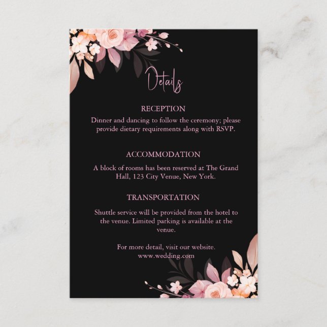 Floral Black & Blush Rose Wedding Begleitkarte (Vorderseite)