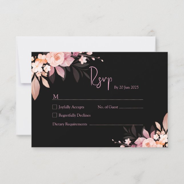 Floral Black & Blush Rose Wedding  RSVP Karte (Vorderseite)