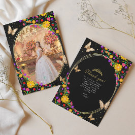 Floral Black Butterfly Quinceñera Foto Dankeskarte