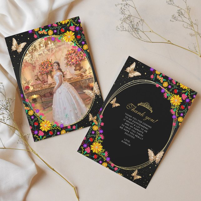 Floral Black Butterfly Quinceñera Foto Dankeskarte (Von Creator hochgeladen)