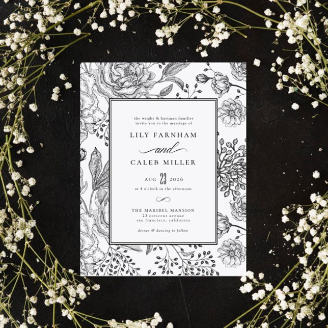 Floral Black Elegant Wedding Einladung (Von Creator hochgeladen)