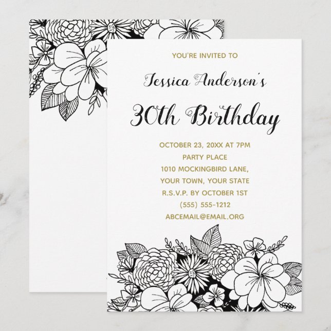 Floral Black Gold 30. Geburtstag Einladung (Vorne/Hinten)