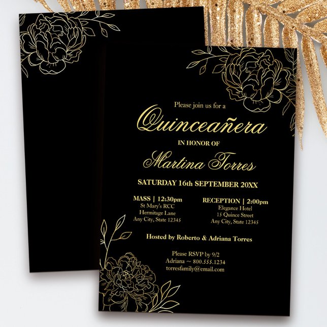 Floral Black Gold Kunst Quinceanera und Messe Einladung (decorated both sides and available professionally printed or as a digital download)