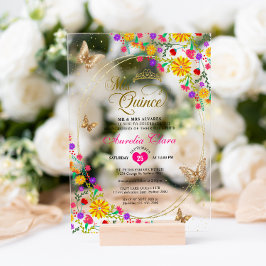 Floral Black Gold Tiara Butterfly Mis Quinceañera Acryleinladungen