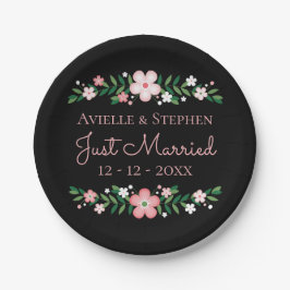 Floral Black Just Married Pink Blume Hochzeit Pappteller