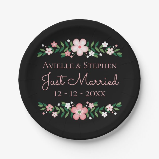 Floral Black Just Married Pink Blume Hochzeit Pappteller (Vorderseite)