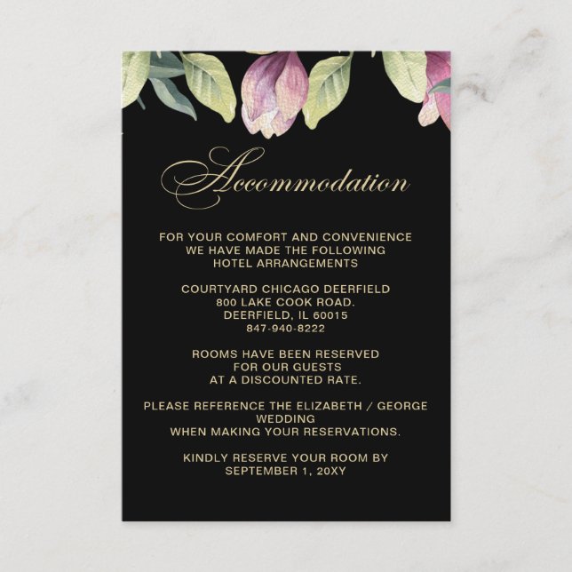 Floral Black Lila Gold Hochzeitsunterkunft Begleitkarte (Vorderseite)