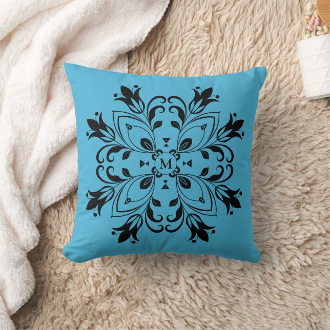 Floral Black Mandala Mit Monogramm Throw Kissen (Decke)
