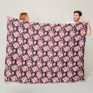 Floral Black Pink Cherry Blossom Sakura Fleecedecke