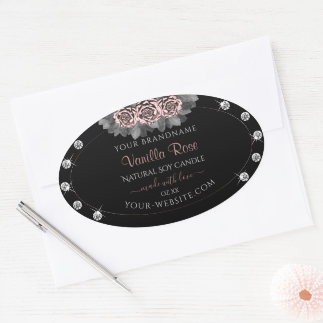 Floral Black Product Labels Rose Gold Frame Juwele Ovaler Aufkleber (Umschlag)