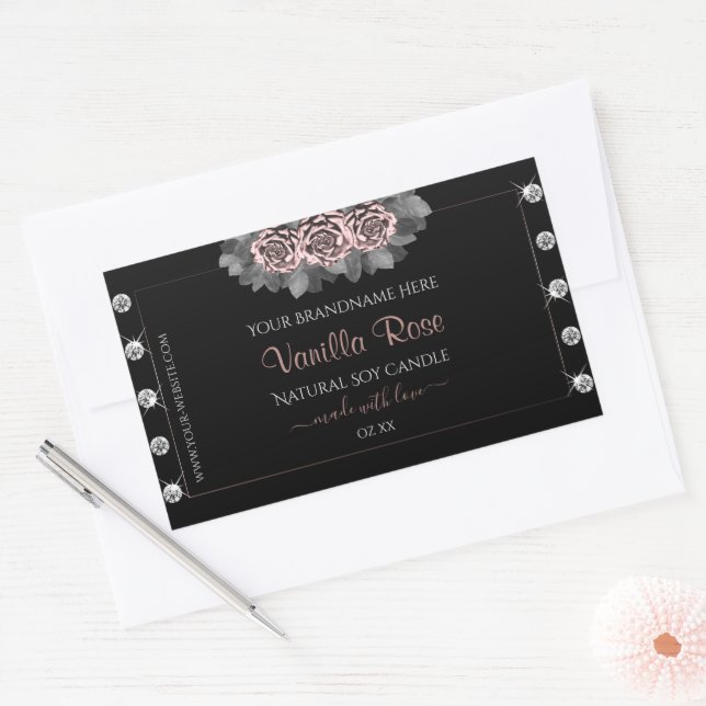 Floral Black Product Labels Rose Gold Frame Juwele Rechteckiger Aufkleber (Umschlag)