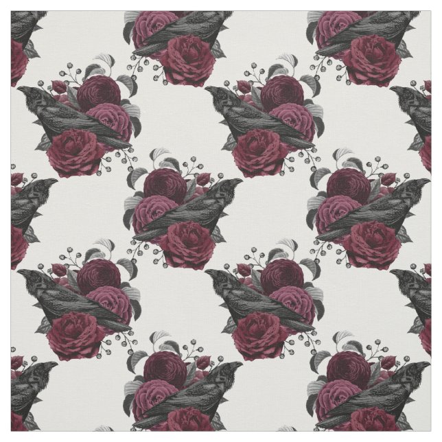Floral Black Raven auf Weiß Stoff (Muster)