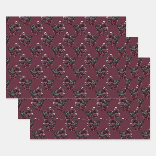 Floral Black Raven on Wine Geschenkpapier Set (Set)