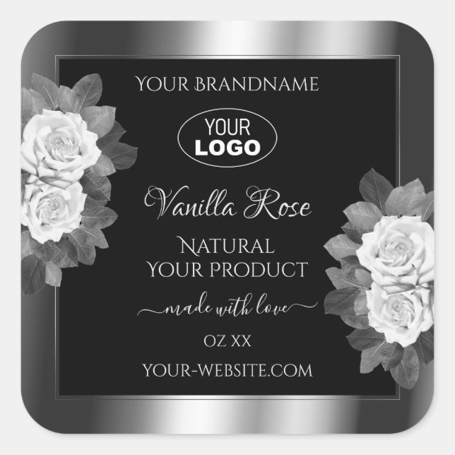 Floral Black Silver Product Label White Roses Logo Quadratischer Aufkleber (Vorderseite)