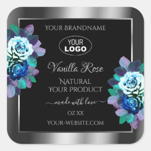 Floral Black Silver Product Labels Logo Aquamarine Quadratischer Aufkleber