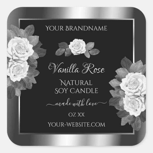 Floral Black und Silver Product Labels White Roses Quadratischer Aufkleber (Vorderseite)