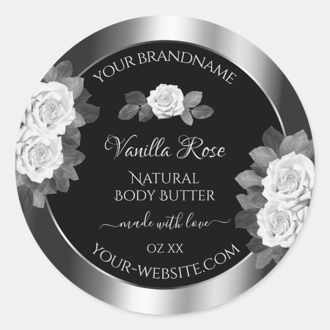 Floral Black und Silver Product Labels White Roses Runder Aufkleber (Vorderseite)
