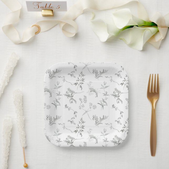 Floral Black & White Botanical Line Art Plate Pappteller (Hochzeit)