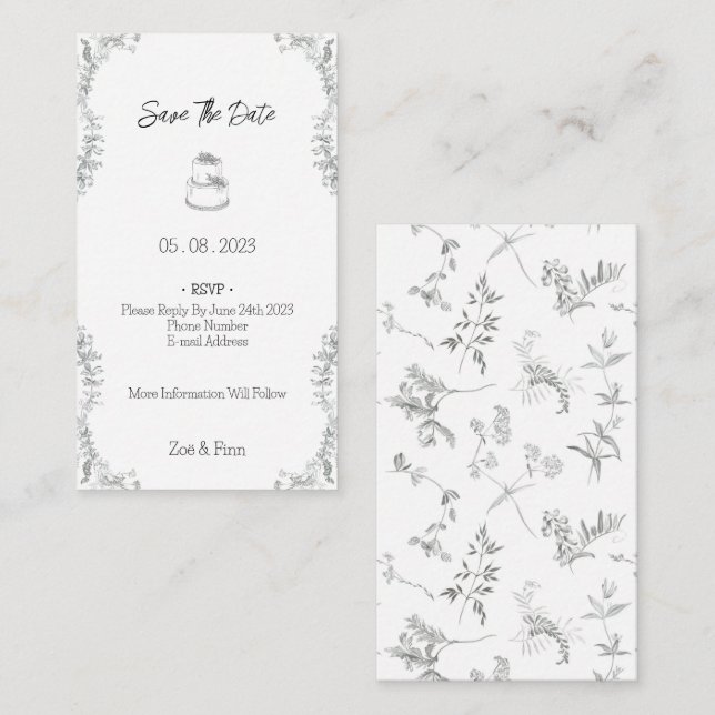 Floral Black & White Botanical Line Save The Date Mitteilungskarte (Vorne/Hinten)
