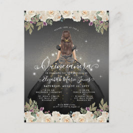 Floral Black White Gold Glam Princess Quinceanera Postkarte