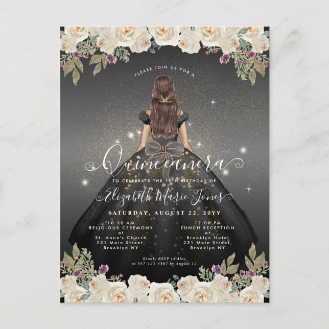 Floral Black White Gold Glam Princess Quinceanera Postkarte (Vorderseite)