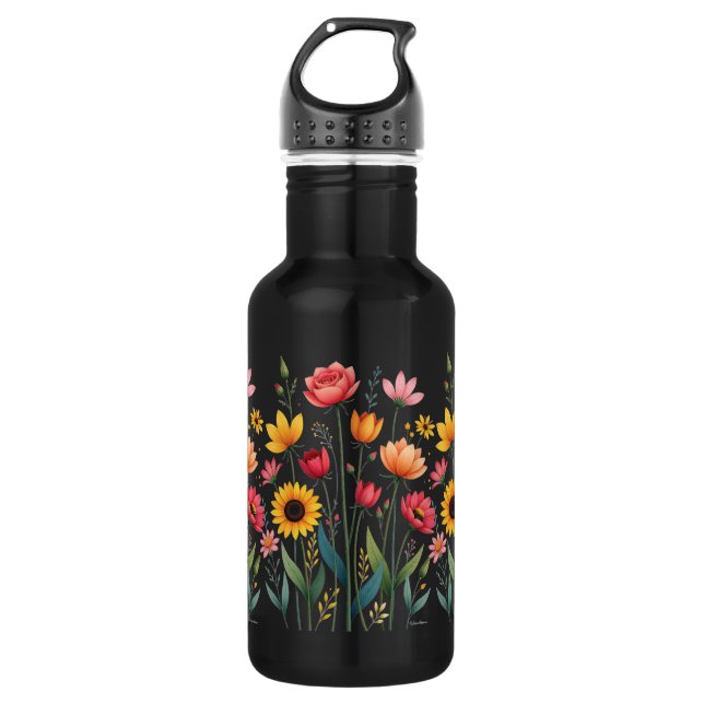 Floral Black Wiederverwendbare Wasser Flasche Edelstahlflasche (Vorderseite)