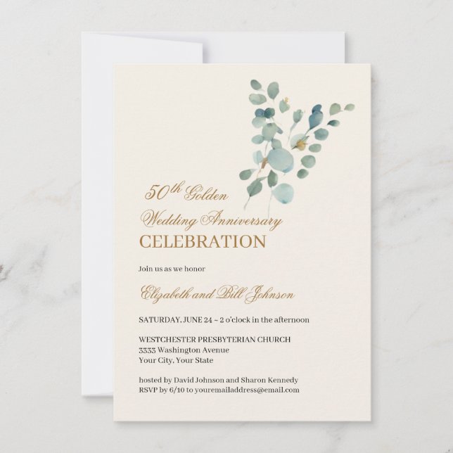 Floral Blätter Gold 50. Hochzeitstag Einladung (Vorderseite)