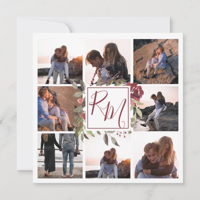 Floral Block Monogram Burgundy Floral Multi Foto Save The Date (Vorderseite)