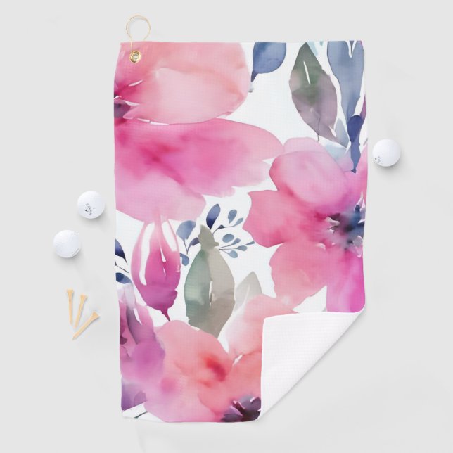 Floral Blossoms | Watercolor Pink Flowers Painted Golfhandtuch (Insitu)