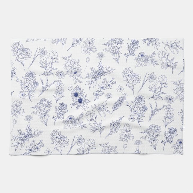 Floral Blue and White Classical Tea Towel Geschirrtuch (Horizontal)