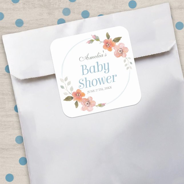 Floral Blue Babydusche Square Sticker (Von Creator hochgeladen)