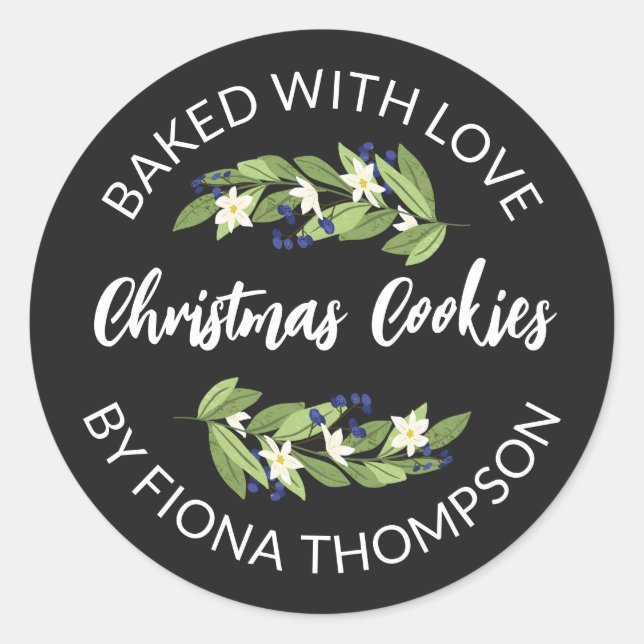 Floral Blue Berry Twigs gebacken mit Liebe Runder Aufkleber (Vorderseite)