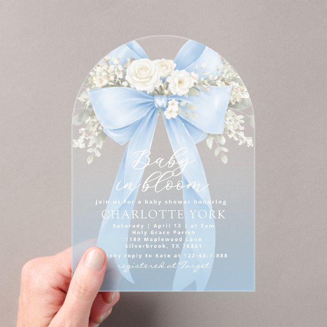 Floral Blue Bow Baby in Bloom Boy Baby Shower Acryleinladungen (Insitu (Handheld))