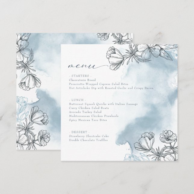 Floral Blue Brautparty Flat Menu Menükarte (Vorne/Hinten)