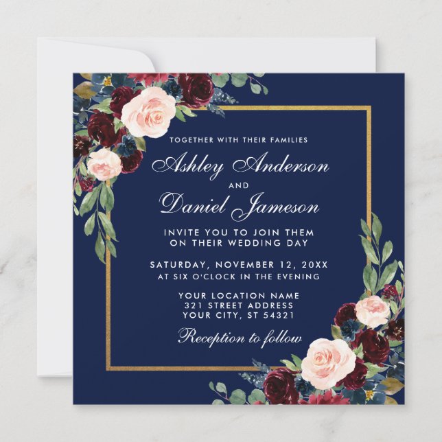 Floral Blue Burgundy Gold Wedite Card Einladung (Vorderseite)
